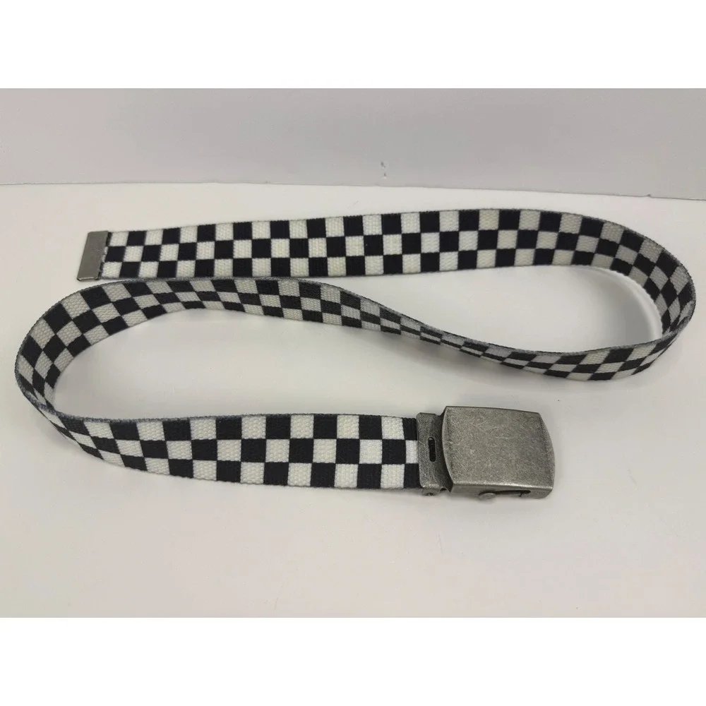 Brandy Melville Black White Checkered Canvas Web Belt Silver Flip Buckle OS